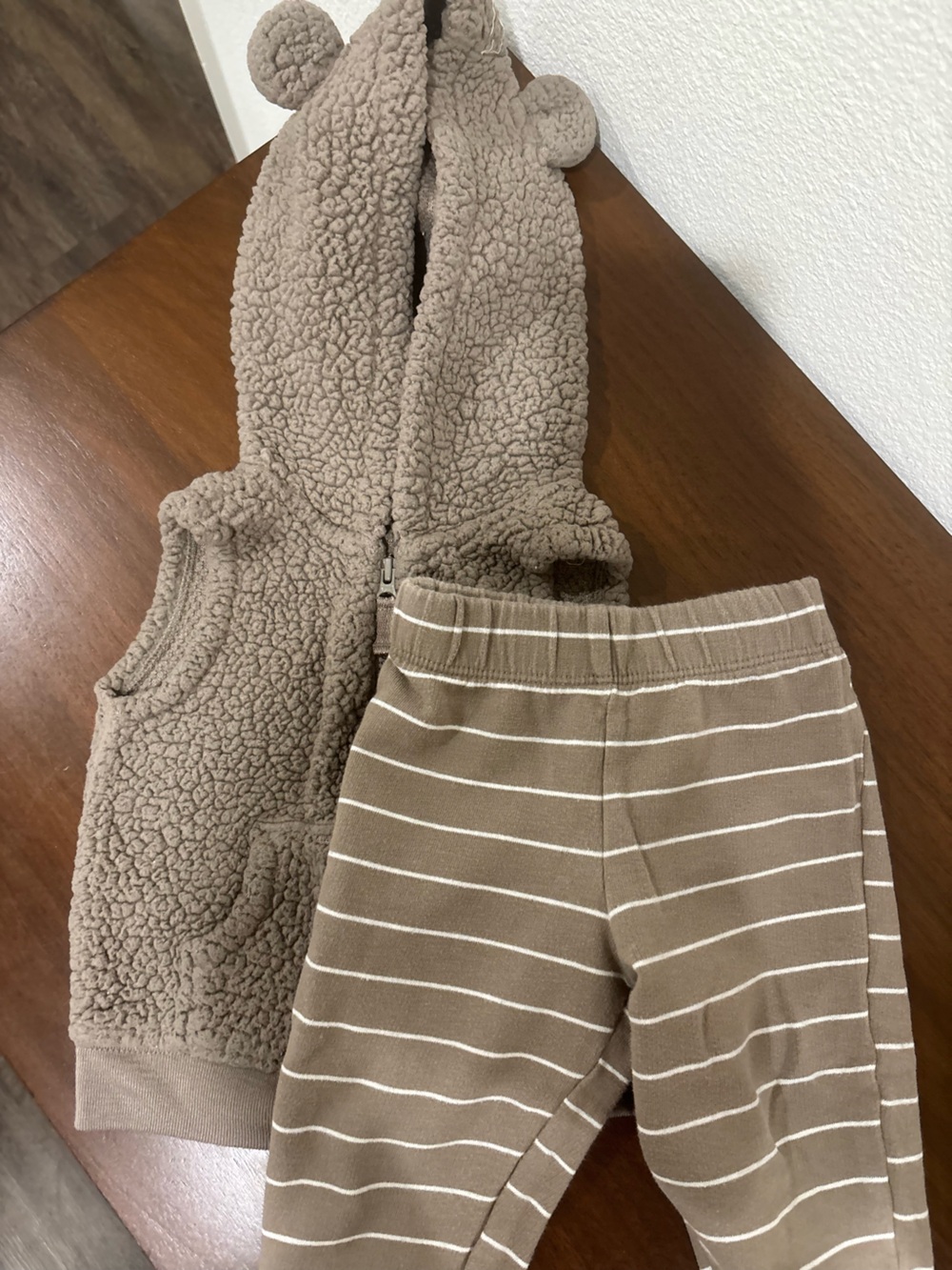 Carter's Brown Sherpa Hooded Vest with Brown & White Striped Knit Leggings